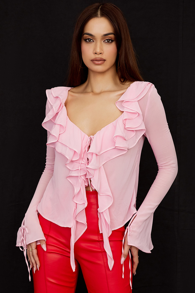 'Aaliyah' Fairy Pink Real Silk Chiffon Ruffle Top & Bralet